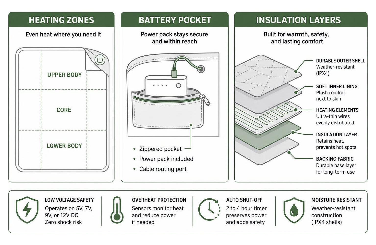 diagram comparing heating zones, battery pocket, and insulation layers diagram comparing heating zones, battery pocket, and insulation layers