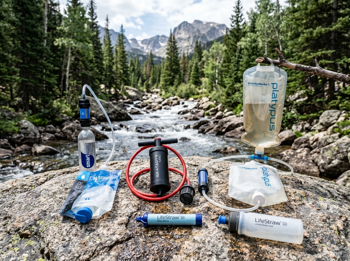 various hiking water filtration devices including pumps, squeeze bags, and straws - hiking water filtration systems