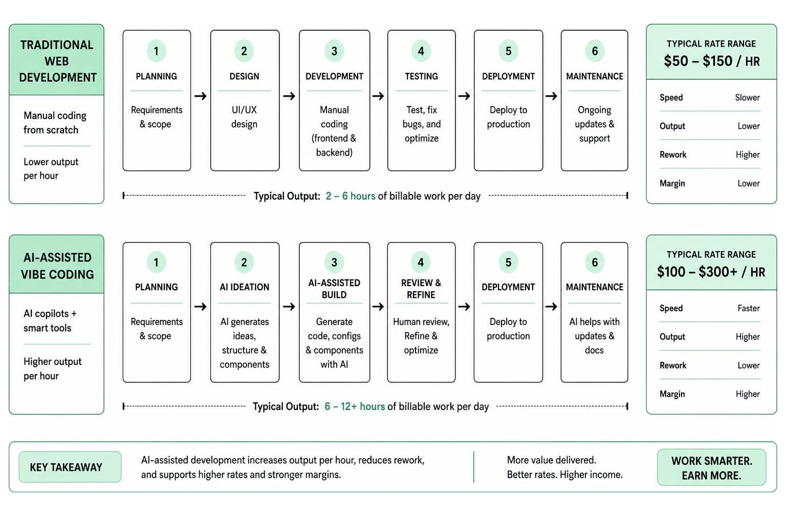 Comparison of traditional web development vs AI-assisted vibe coding workflow and rates