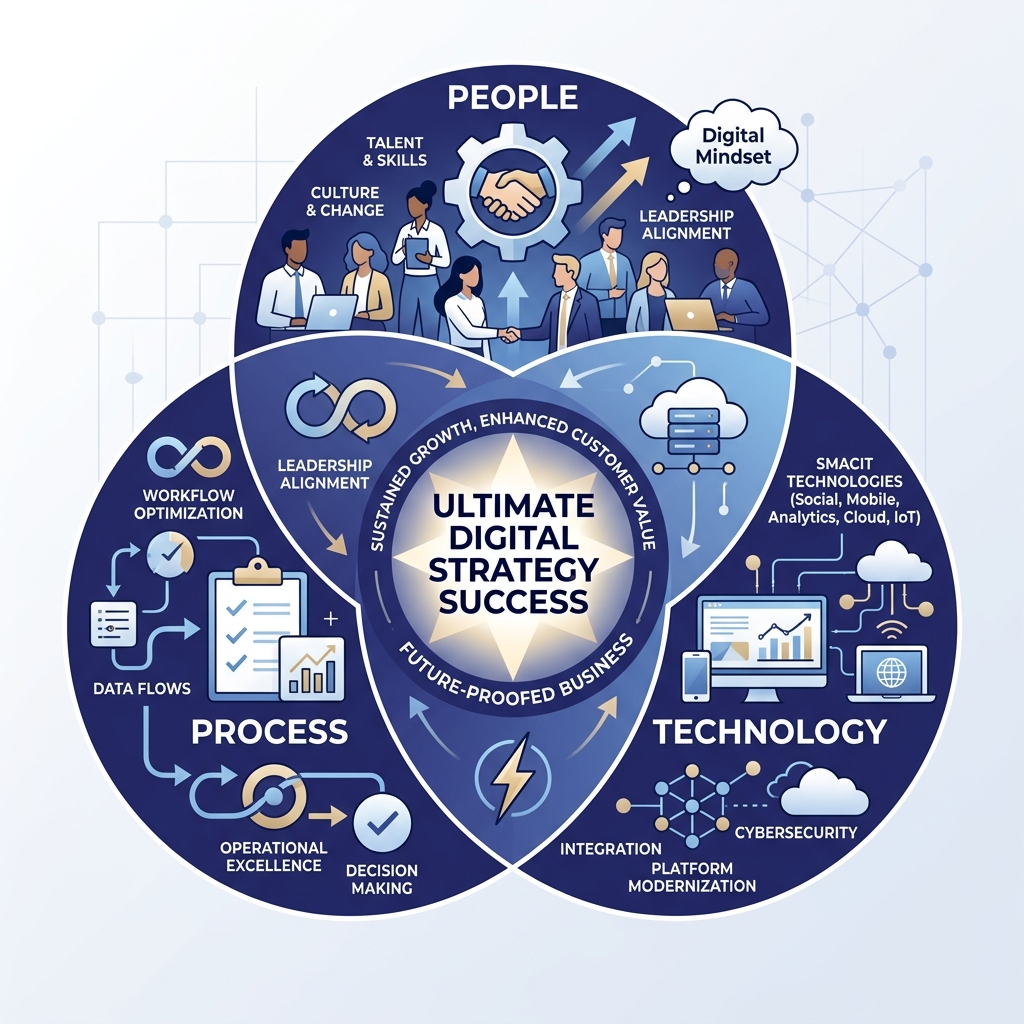 Infographic showing the intersection of people, process, and technology in digital strategy development - digital strategy