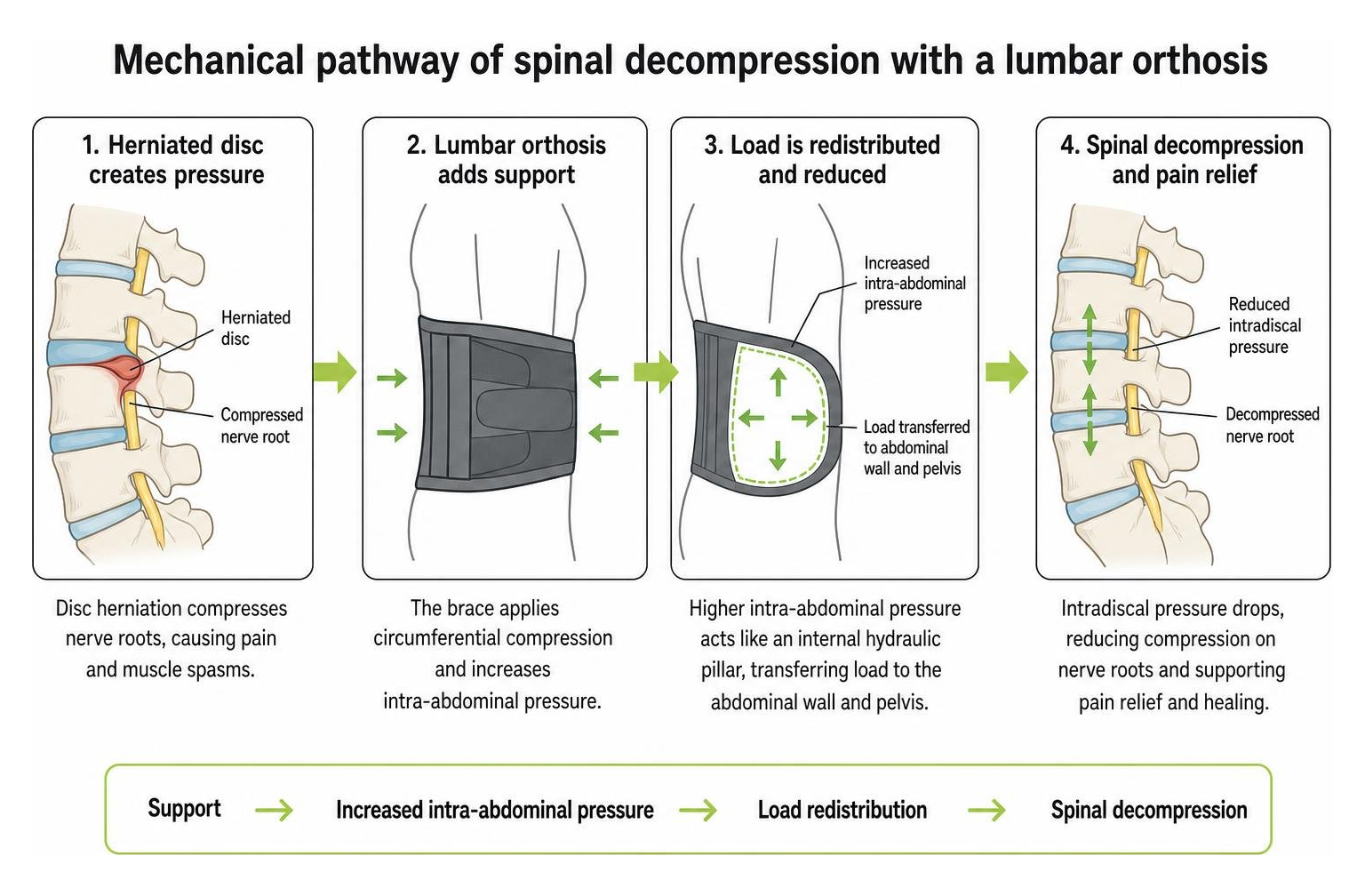 Mechanical pathway of spinal decompression with a lumbar orthosis
