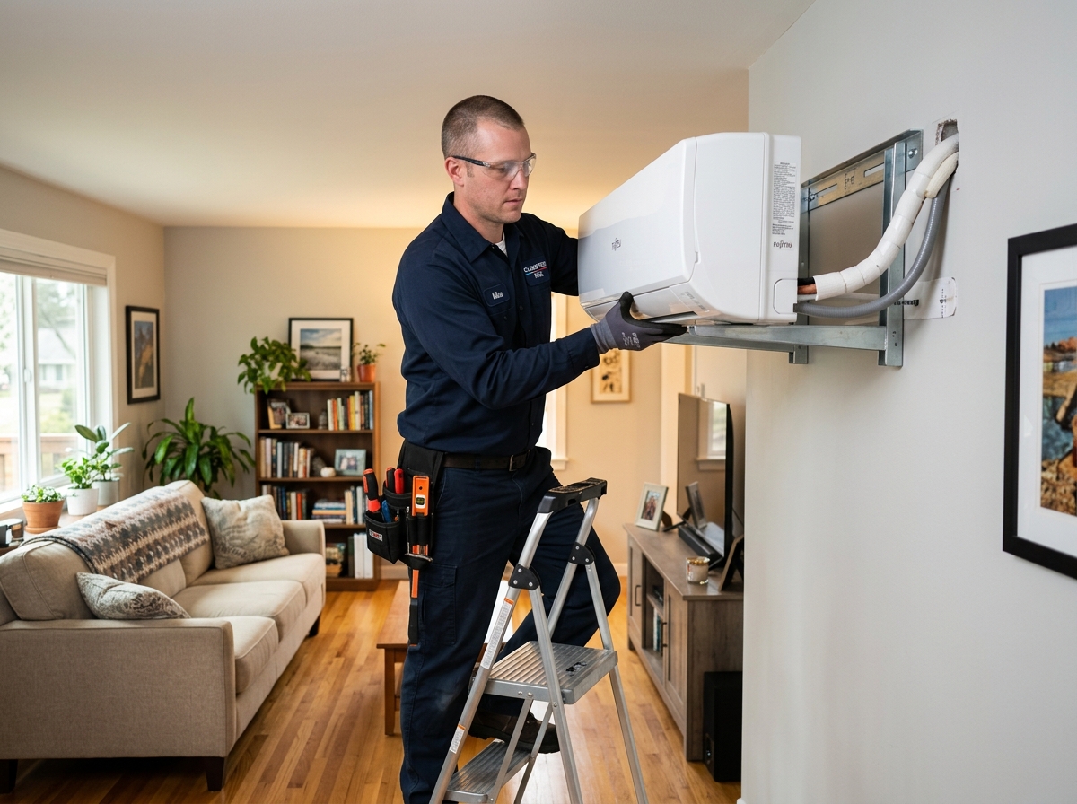 HVAC technician carefully mounting an indoor mini split air handler onto a wall bracket inside a home - mini split systems