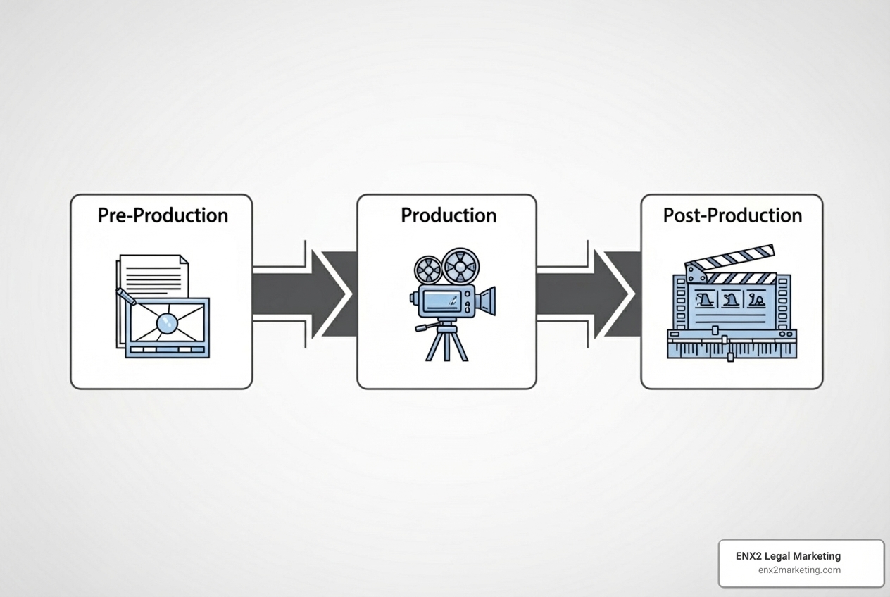 Diagram illustrating the pre-production, production, and post-production workflow. - Video production for lawyers Diagram illustrating the pre-production, production, and post-production workflow. - Video production for lawyers