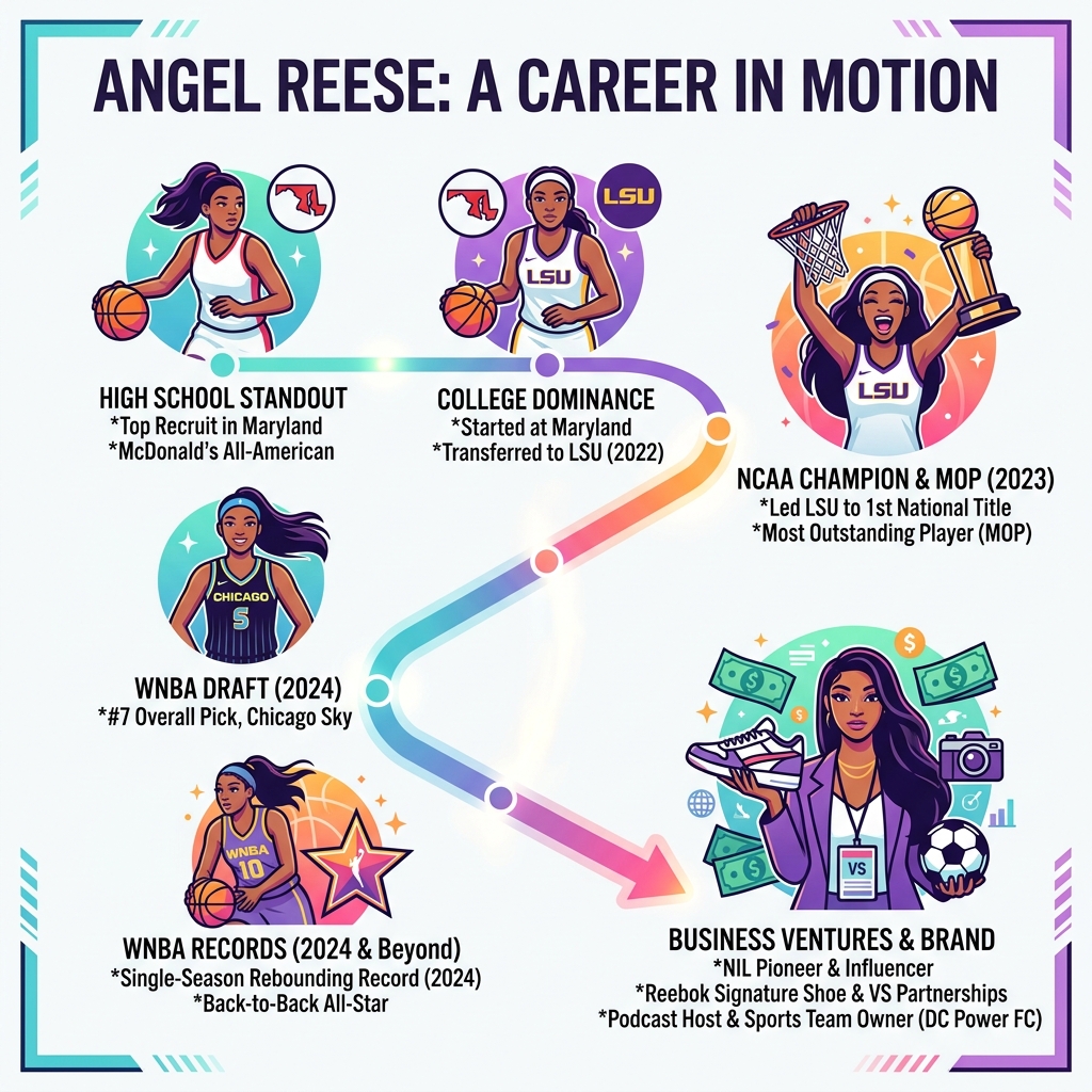 Angel Reese career timeline from high school to WNBA records and business ventures - angel reese infographic Angel Reese career timeline from high school to WNBA records and business ventures - angel reese infographic
