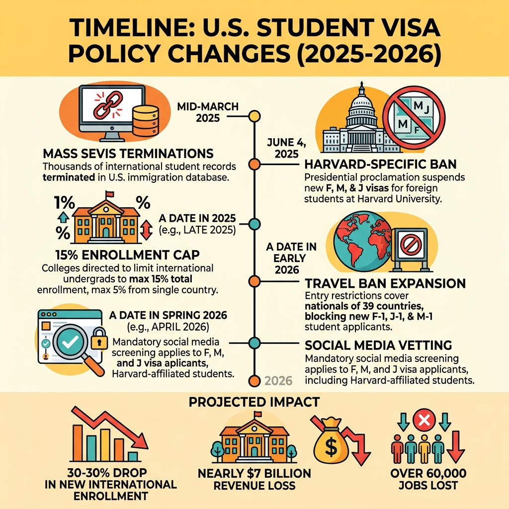 Timeline of 2025-2026 US student visa policy changes and restrictions - exclude usa student policy infographic 