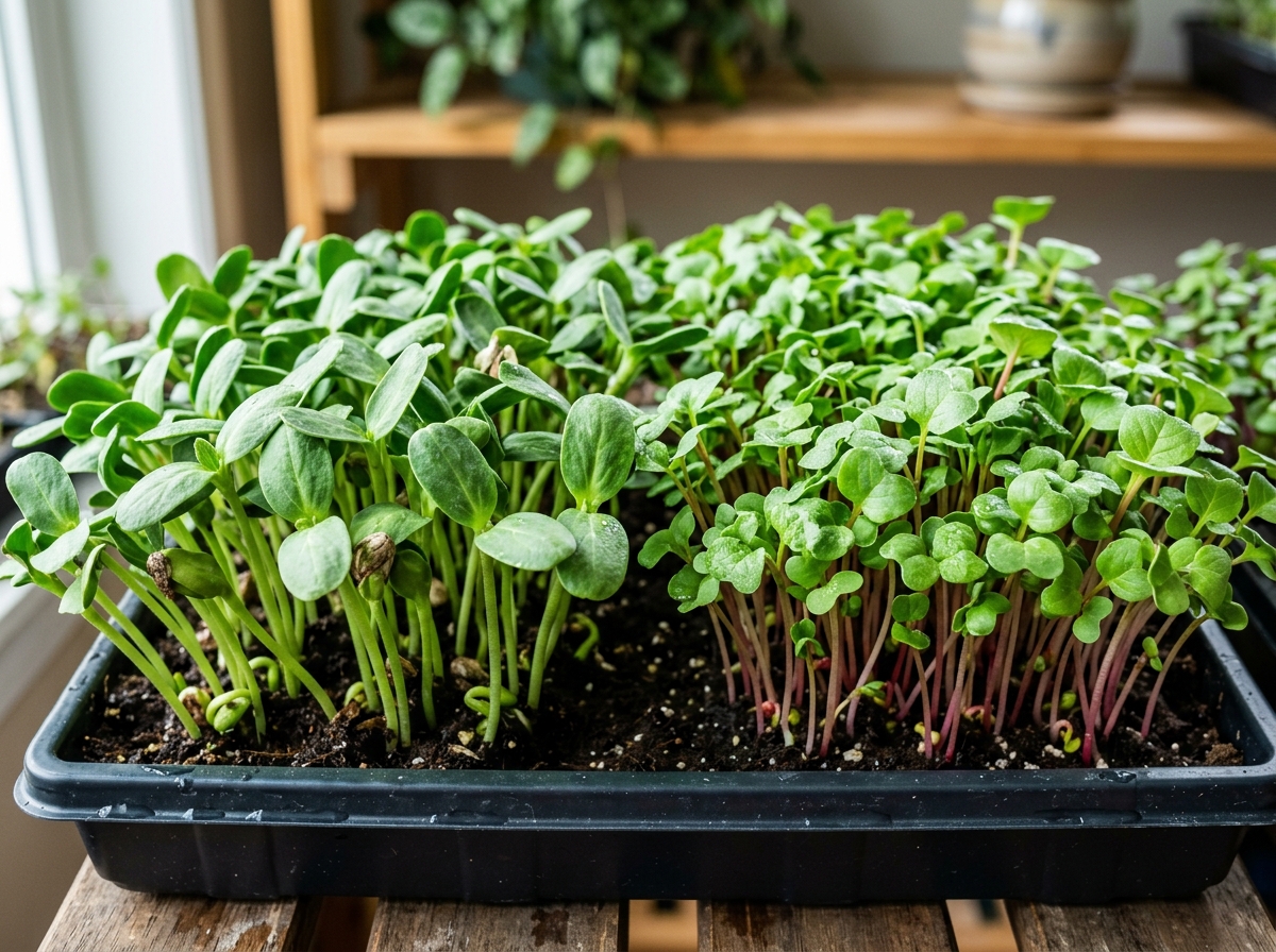 Fresh sunflower and radish microgreens ready for harvesting - micro green recipes