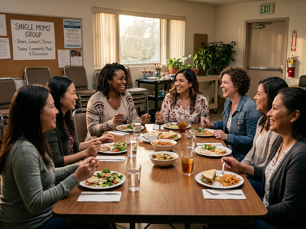 Women in a single mum group sharing a meal and conversation - single mum groups
