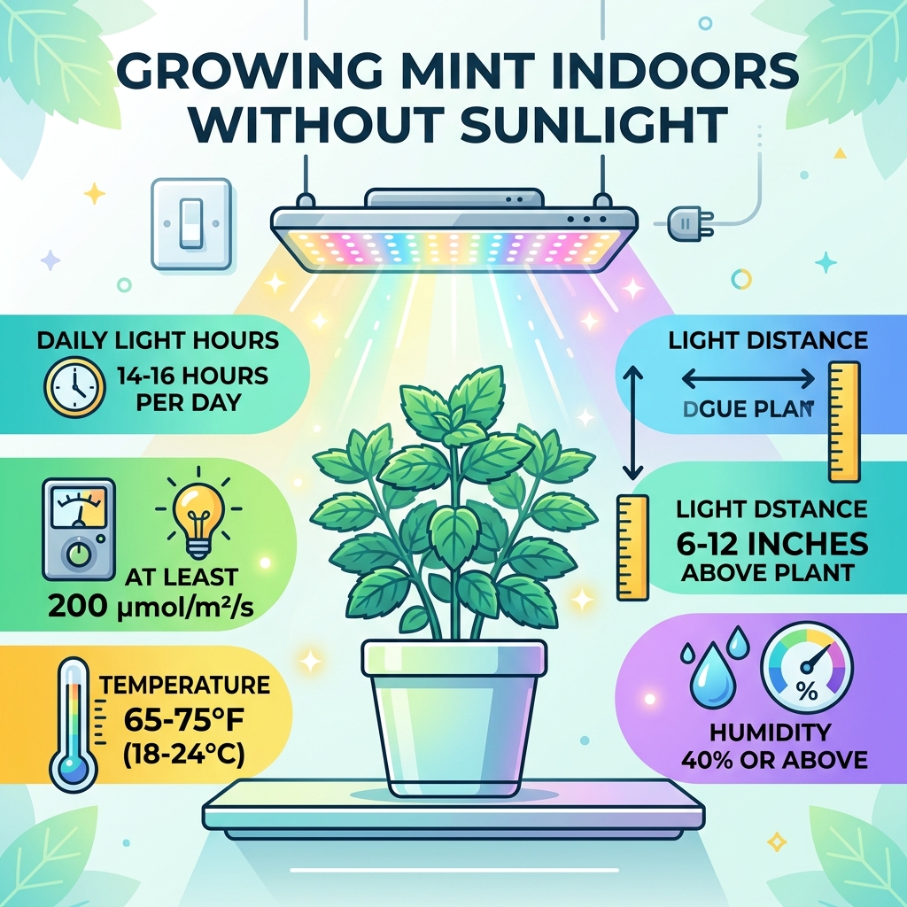 Infographic showing mint growing indoors without sunlight: light hours, PPFD, distance, temp, humidity - can mint grow Infographic showing mint growing indoors without sunlight: light hours, PPFD, distance, temp, humidity - can mint grow