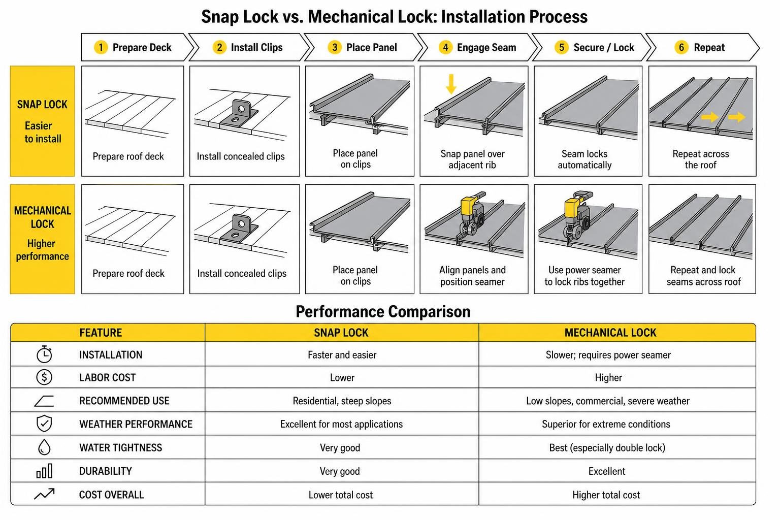 Comparison process between snap lock and mechanical lock panel installation and performance