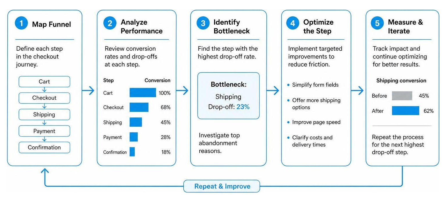 visual diagram of bottleneck identification and checkout optimization process