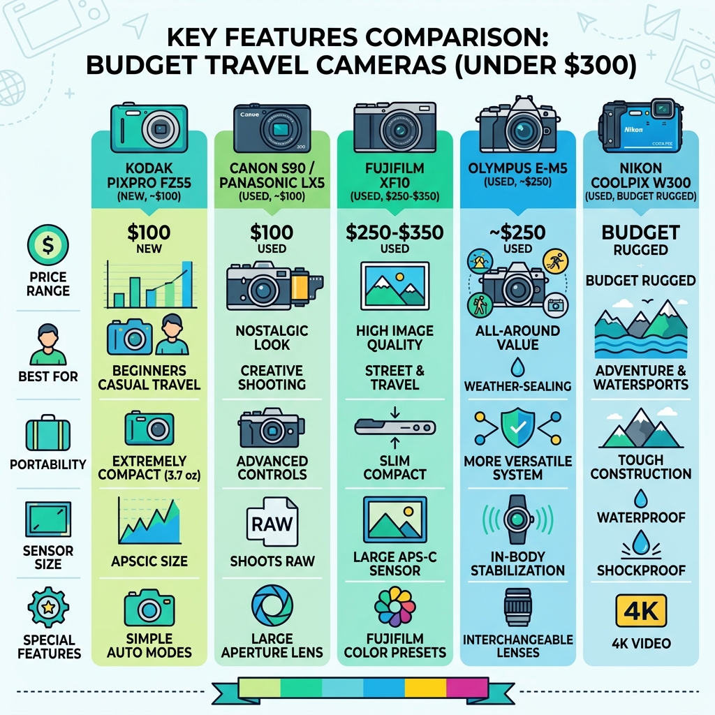 Key features comparison infographic for cheap travel cameras under $300 - cheap travel camera infographic 