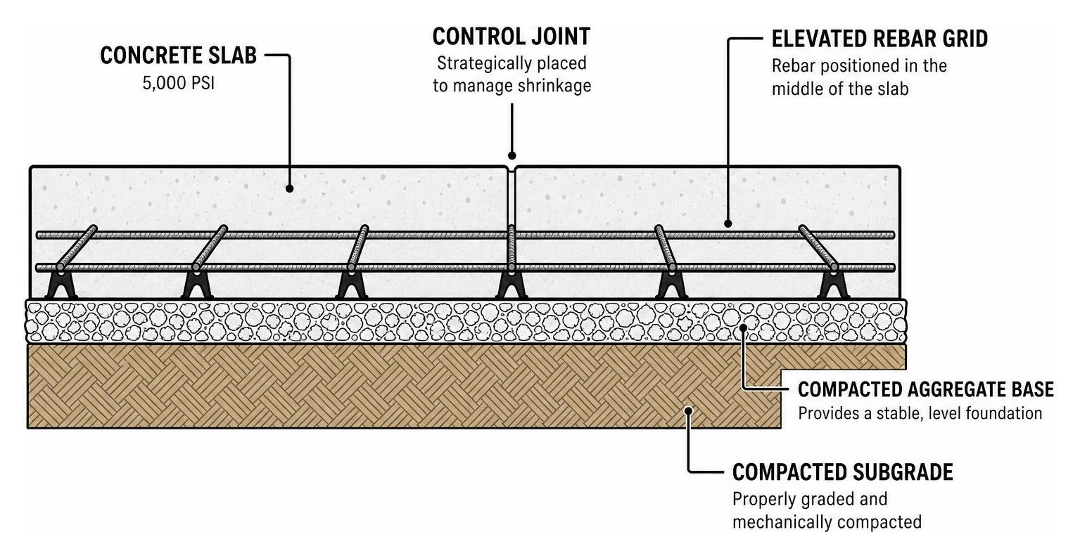 Cross-section diagram showing proper subgrade compaction, elevated rebar grid, and control joints in a concrete slab