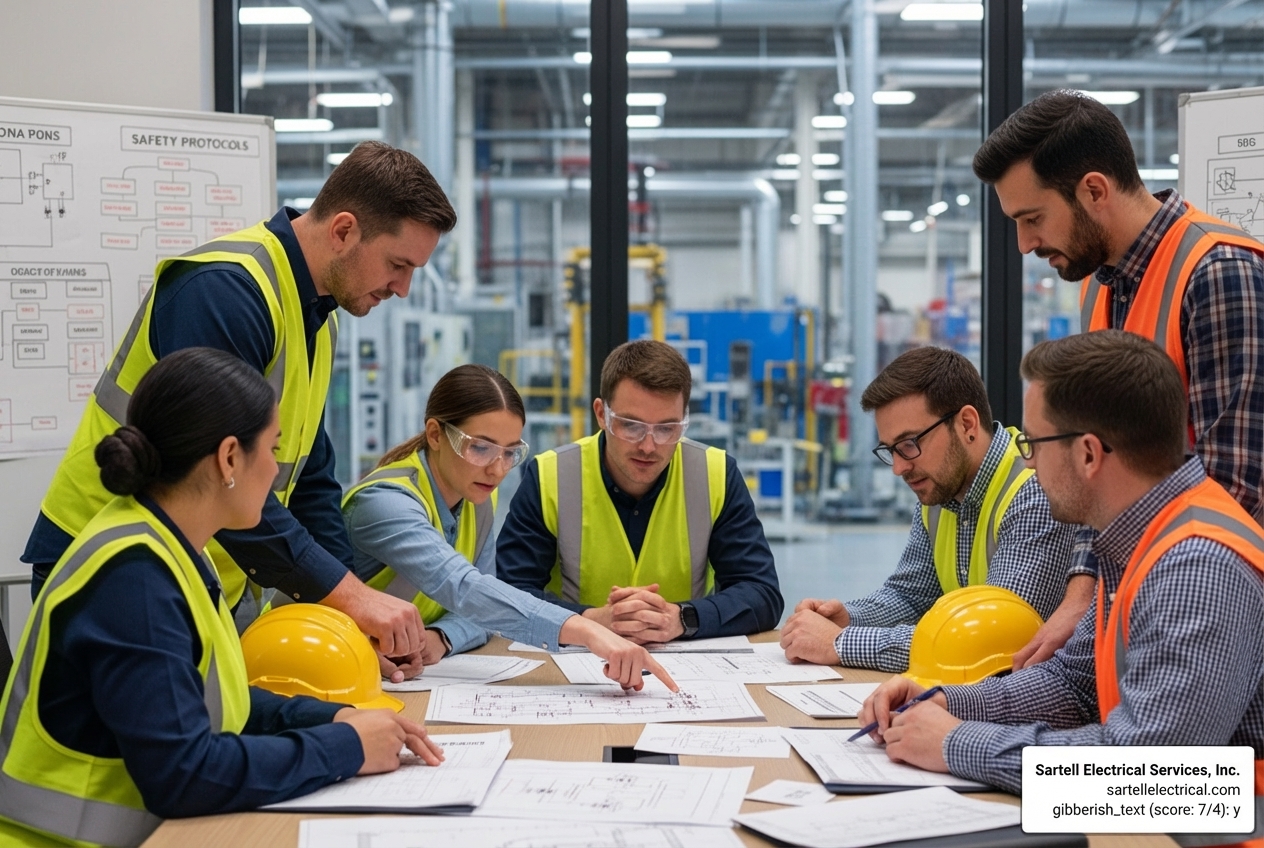team in a safety meeting reviewing electrical plans - electrical safety for industrial facilities team in a safety meeting reviewing electrical plans - electrical safety for industrial facilities
