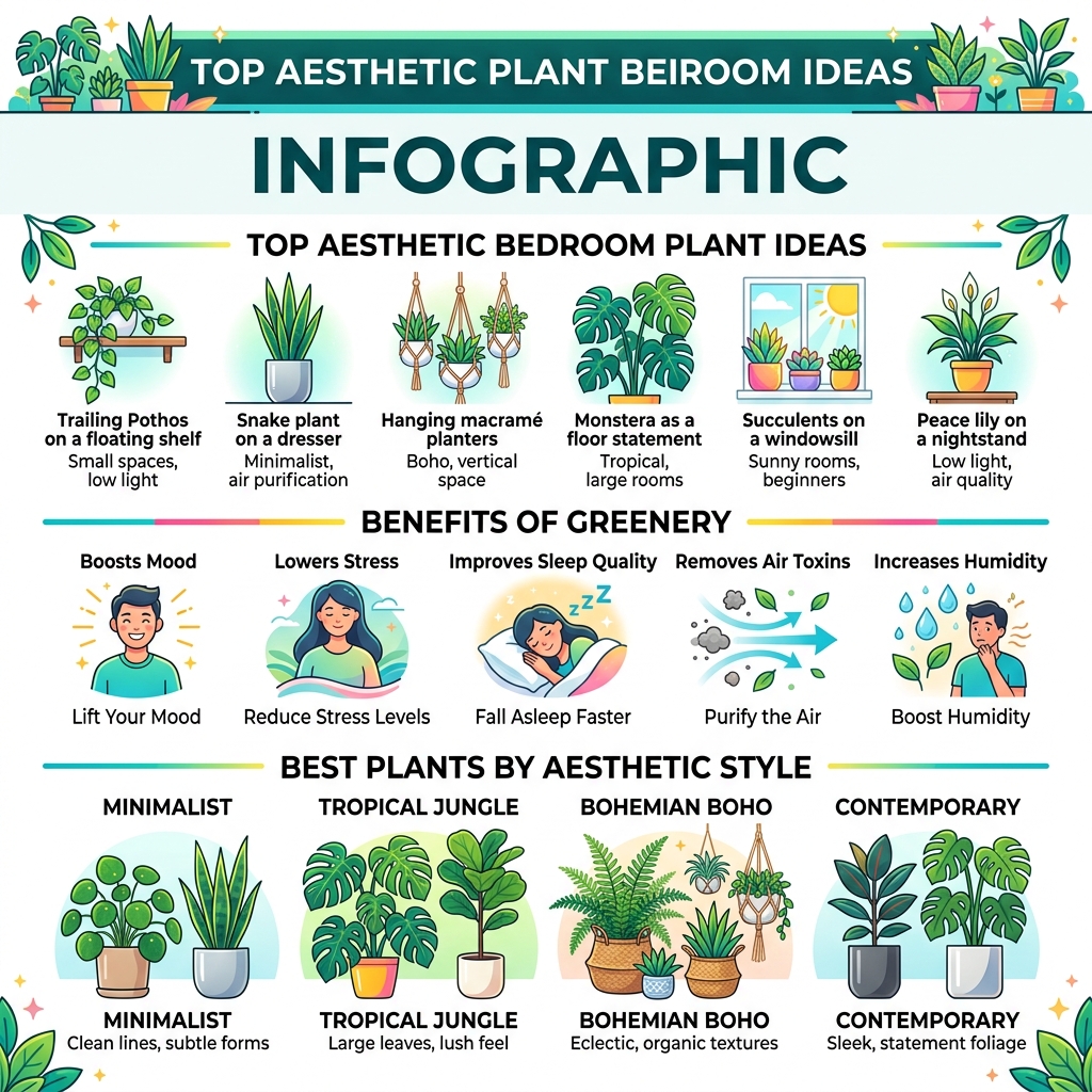 Infographic showing top aesthetic plant bedroom ideas, benefits of greenery, and best plants by style - aesthetic plant