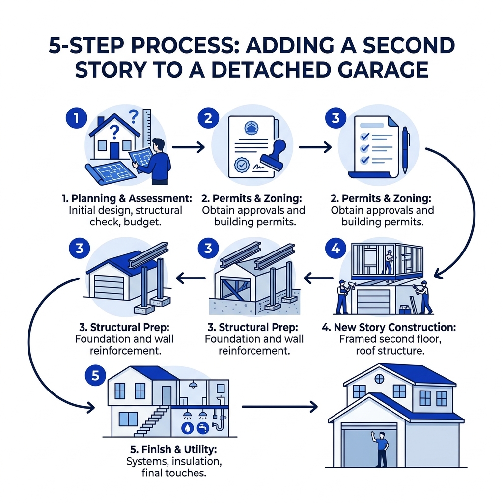 5-step process infographic for adding a second story to a detached garage - adding second story to detached garage