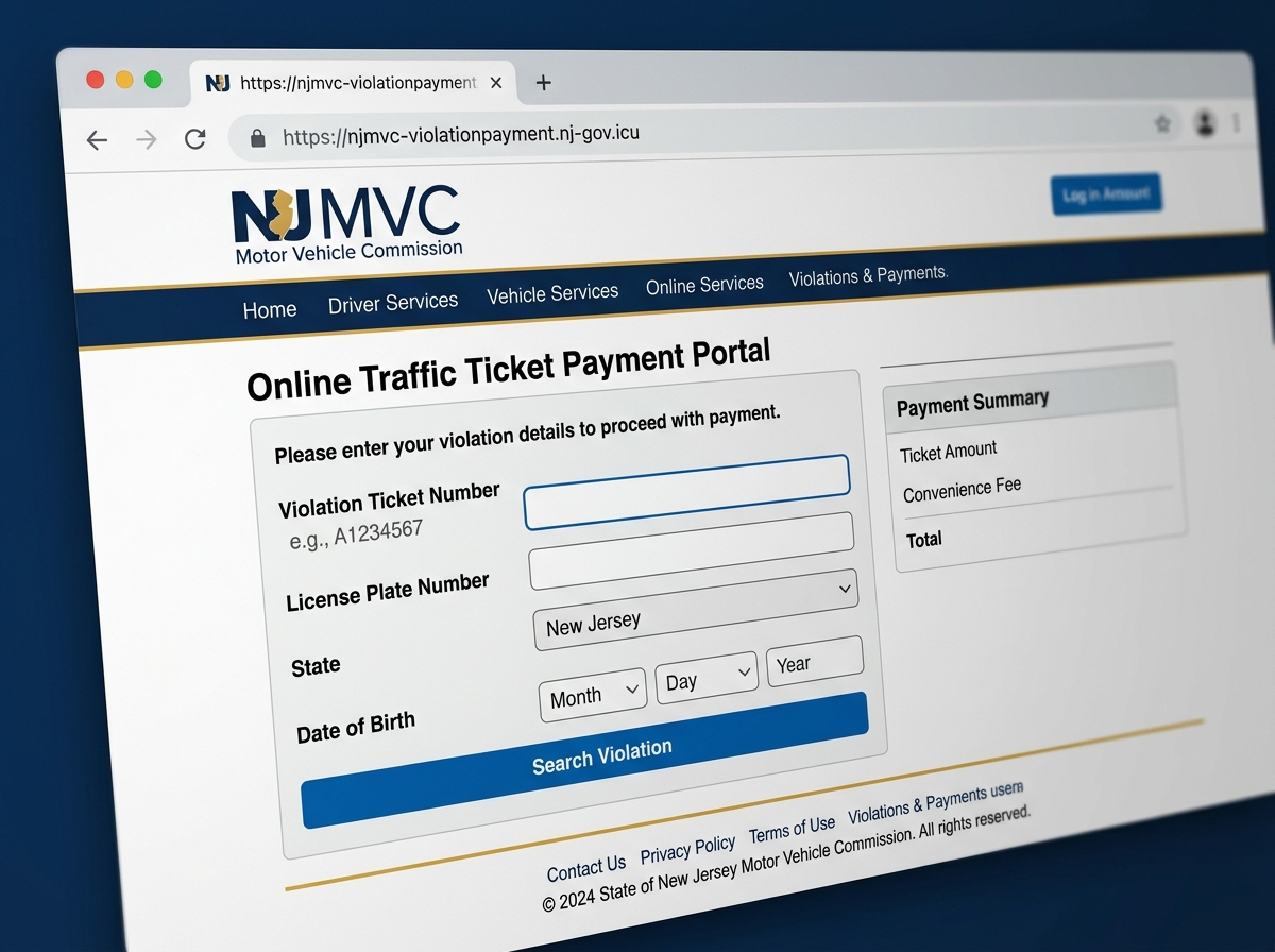 Fake government website with a suspicious .icu domain and NJ MVC logo - nj mvc scam text Fake government website with a suspicious .icu domain and NJ MVC logo - nj mvc scam text