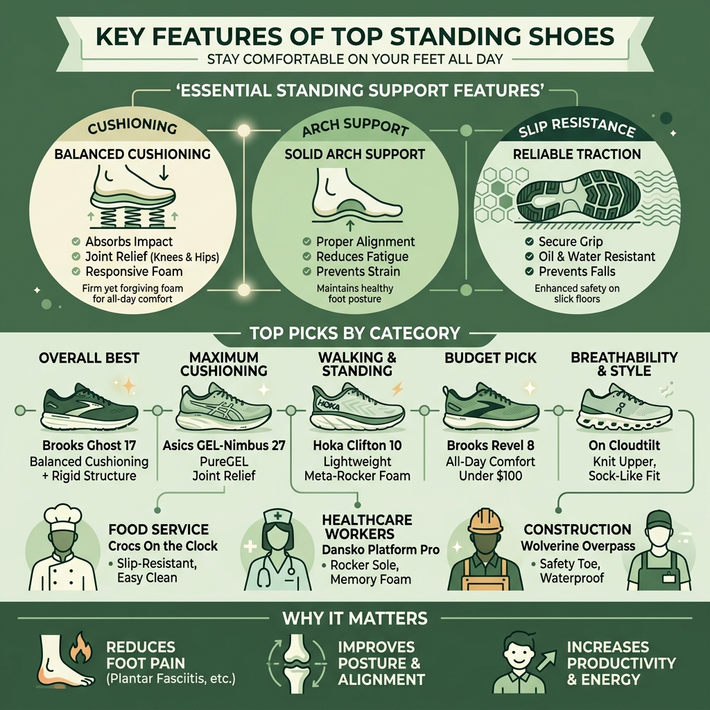 Infographic showing top shoes for standing all day with key features like cushioning, arch support, and slip resistance - a