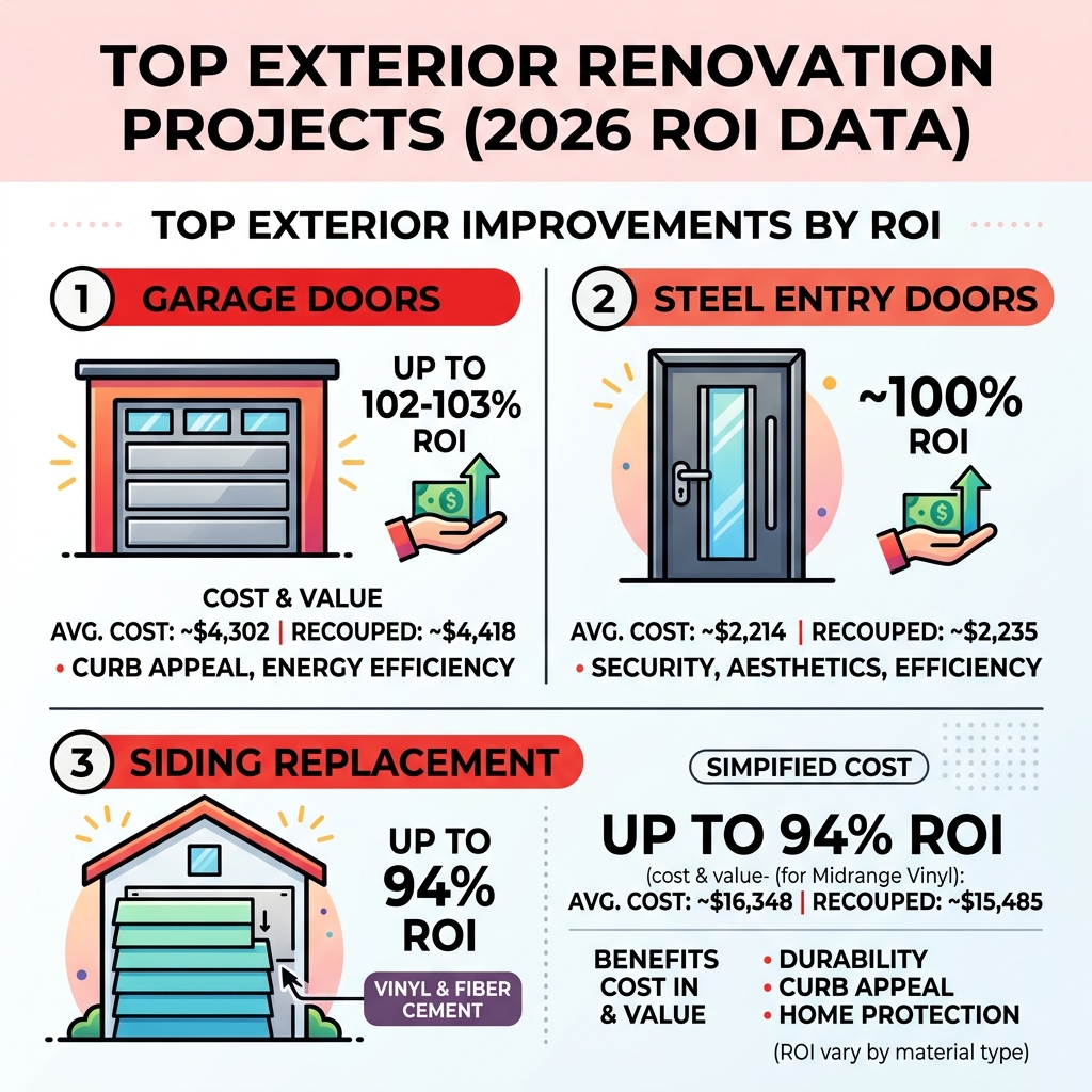 Infographic showing ROI of top exterior renovation projects - Exterior Home Improvement infographic 