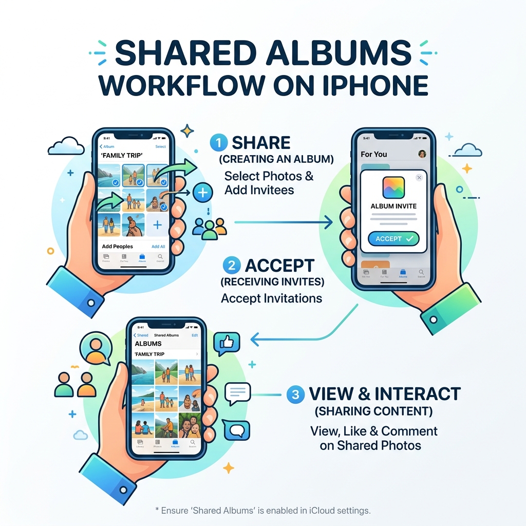 Shared Albums workflow on iPhone showing how photos are shared, accepted, and viewed - how to see shared photo albums on