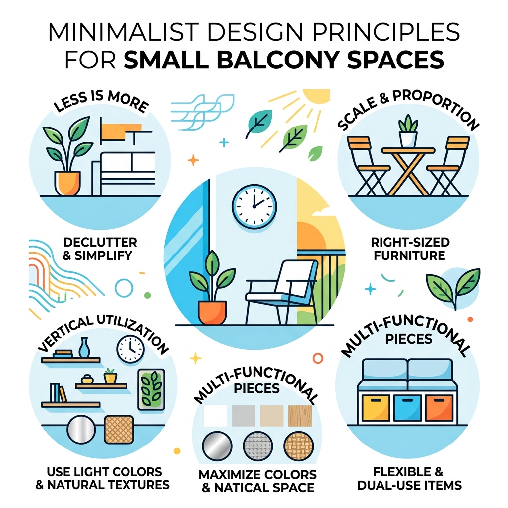 Minimalist design principles for small balcony spaces infographic - minimalist balcony wall clock infographic 