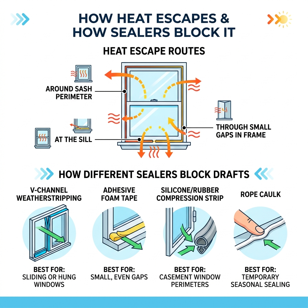 infographic showing heat escape routes around windows and how different sealers block them - best window draft sealer