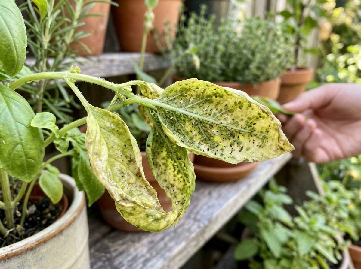 aphid damage on basil leaves showing yellowing and curling - how to keep bugs off herbs naturally