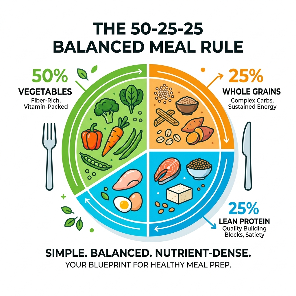 Infographic showing the 50-25-25 balanced meal rule: 50% vegetables, 25% whole grains, 25% lean protein - nutrient-dense