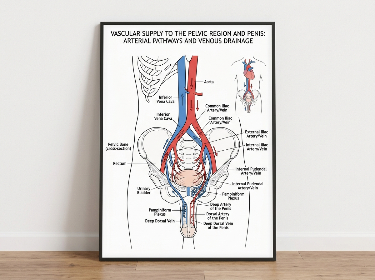 diagram of the human vascular system highlighting blood flow to the pelvic region - diabetes affect erectile dysfunction