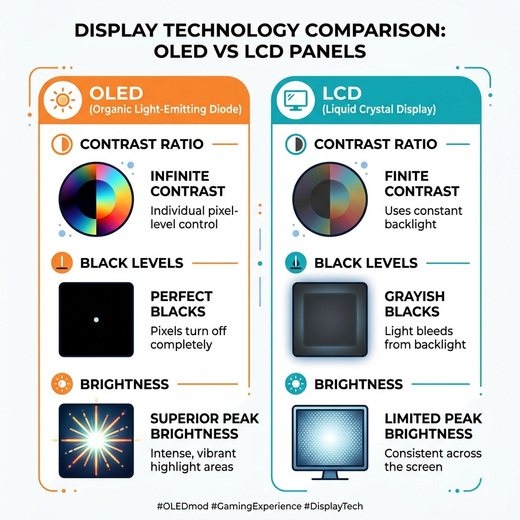Comparison infographic: OLED vs LCD panels showing contrast, brightness, and black levels - OLED mod expert guide