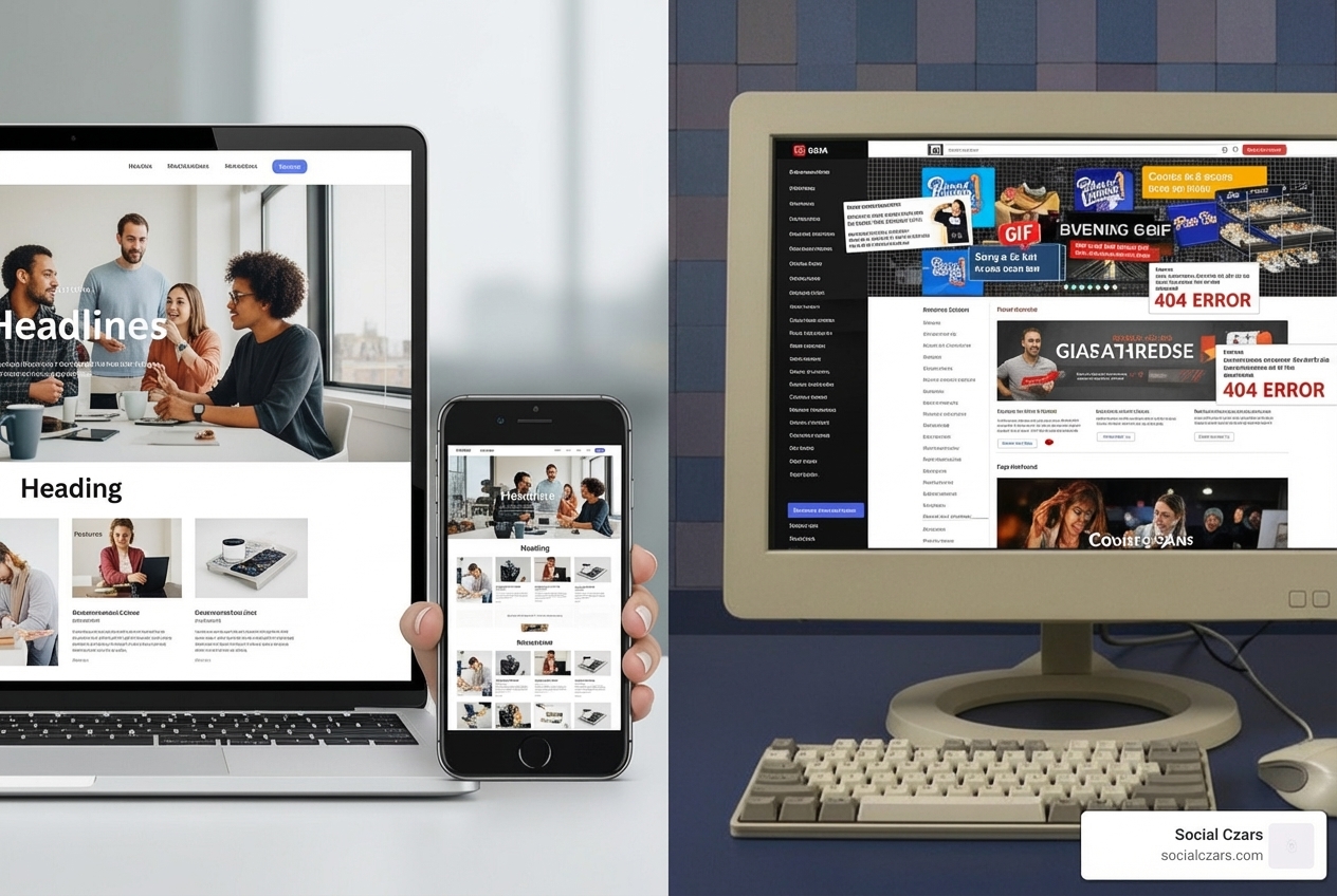 A side-by-side comparison. Left: A sleek, modern website with a clean layout, large images, and clear calls to action, displayed on a laptop and a smartphone, showing responsive design. Right: A cluttered, old-fashioned website with small text, broken images, and horizontal scrolling on a desktop monitor. - Online presence optimization