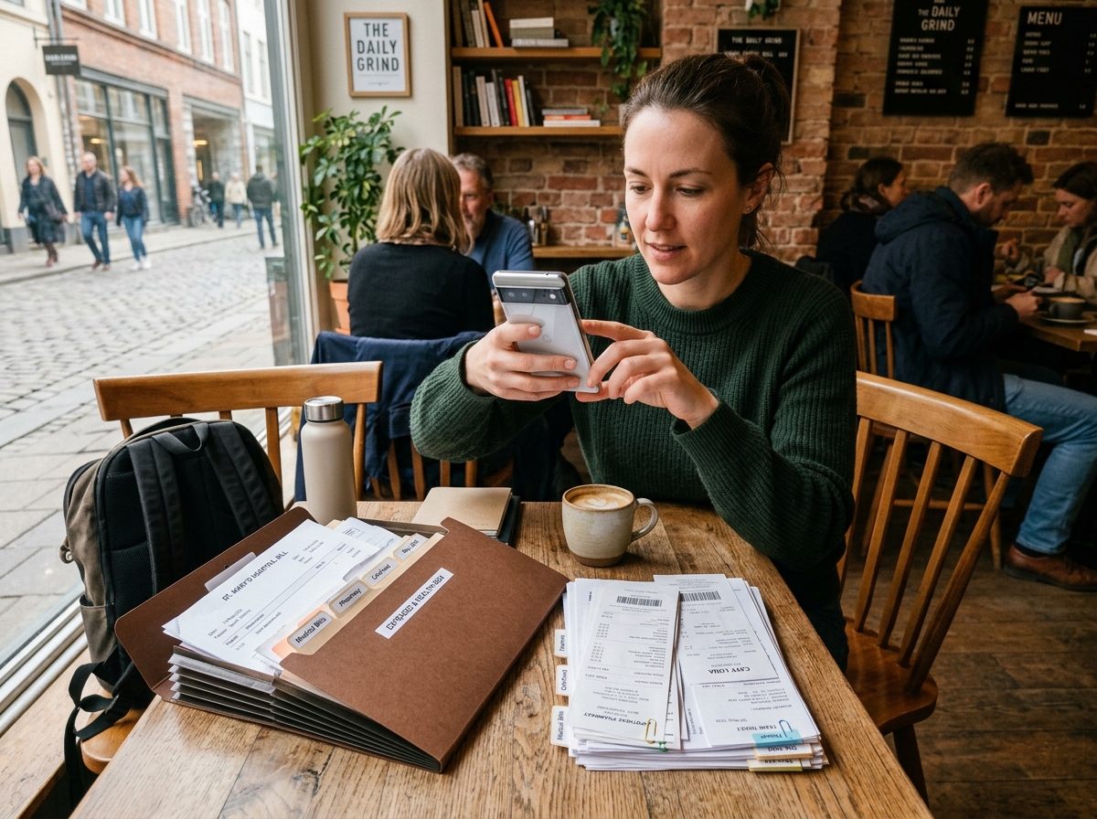 A traveler sitting in a cafe, using a smartphone to photograph a stack of receipts and medical bills organized in a folder