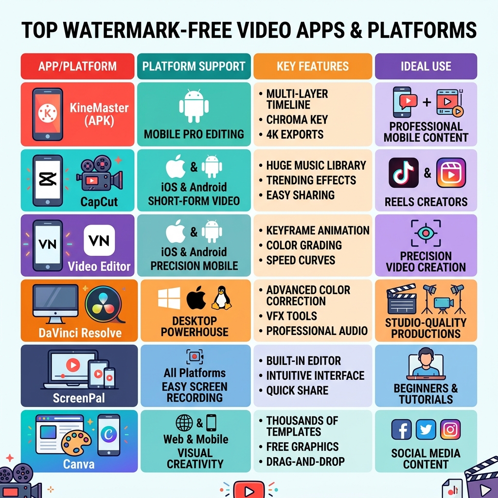 Comparison infographic showing top watermark-free video apps, platforms, and key features - video app without watermark Comparison infographic showing top watermark-free video apps, platforms, and key features - video app without watermark