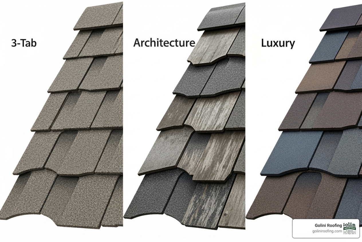 showing a side-by-side comparison of 3-tab, architectural, and luxury shingles - average cost to replace a roof with shingles showing a side-by-side comparison of 3-tab, architectural, and luxury shingles - average cost to replace a roof with shingles