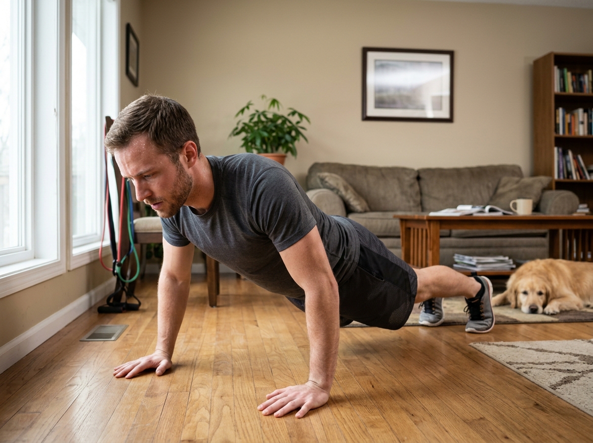 Athlete training chest at home with focus - 10 min chest workout