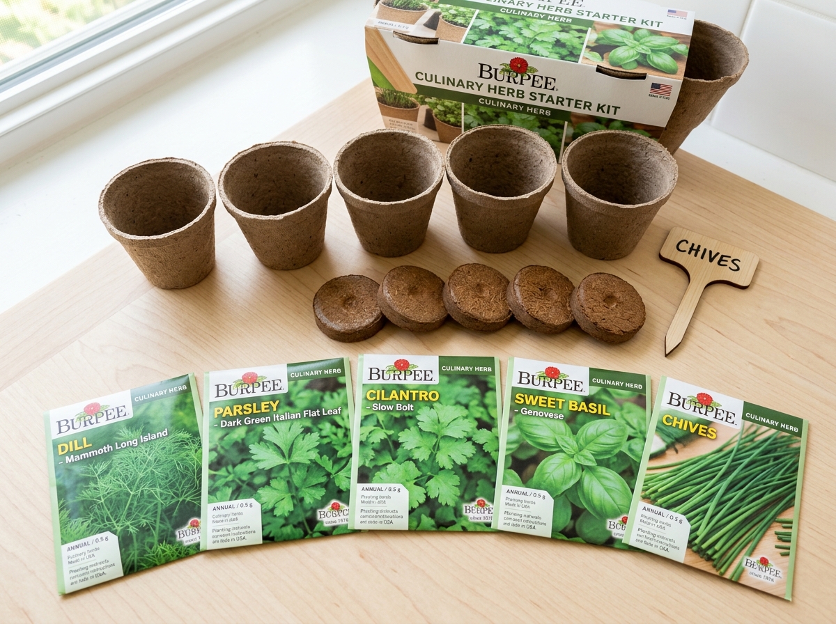 Close up of kit components including biodegradable pots, coir pellets, and seed packets - burpee culinary herb seed starter Close up of kit components including biodegradable pots, coir pellets, and seed packets - burpee culinary herb seed starter