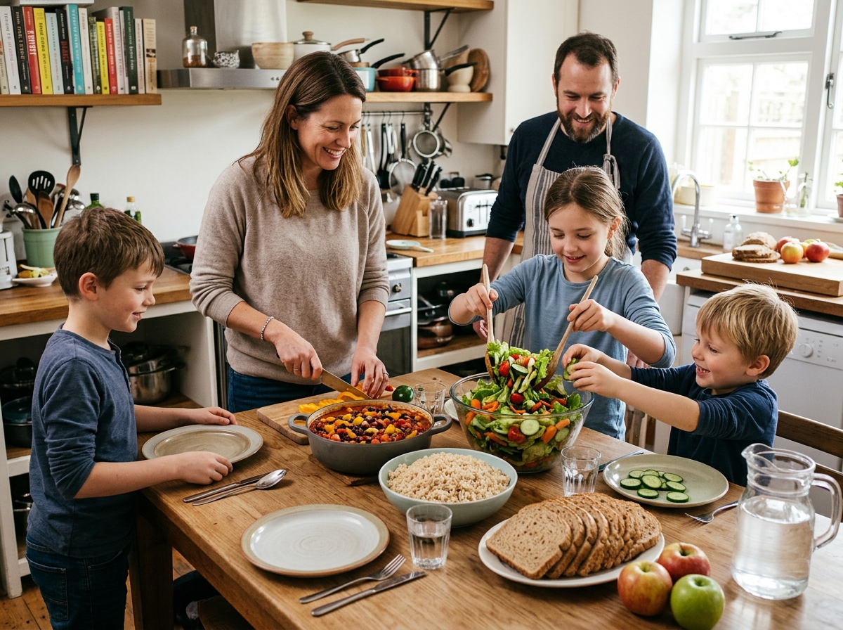A weekly meal planner next to fresh vegetables - family healthy meals on a budget A weekly meal planner next to fresh vegetables - family healthy meals on a budget