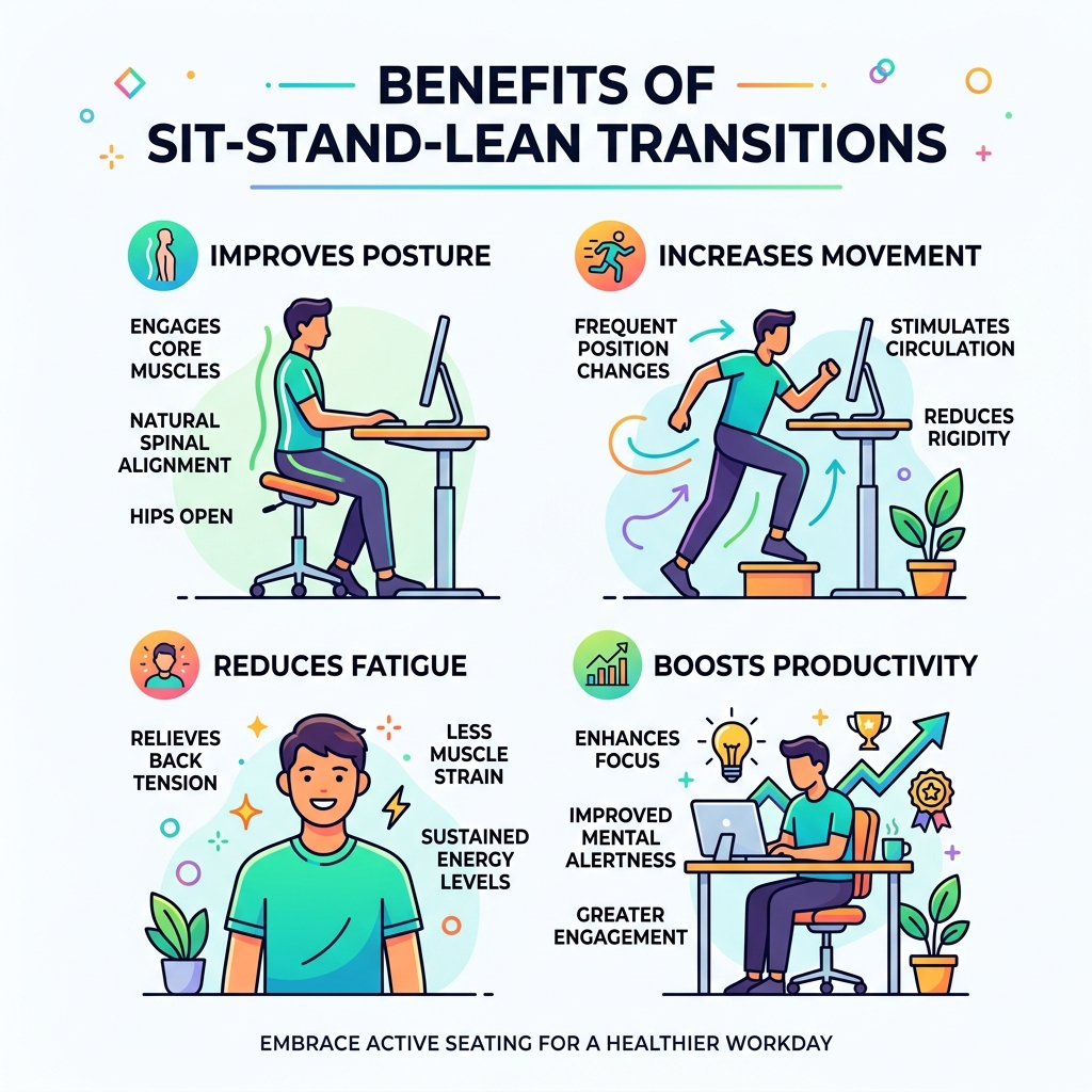 Benefits of sit-stand-lean transitions for posture and productivity infographic - ergonomic desk stools infographic Benefits of sit-stand-lean transitions for posture and productivity infographic - ergonomic desk stools infographic