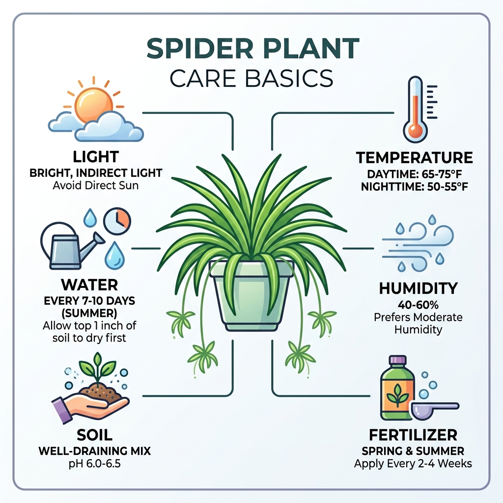 Spider plant care basics infographic: light, water, soil, temperature, humidity, fertilizer - spider plants care infographic 