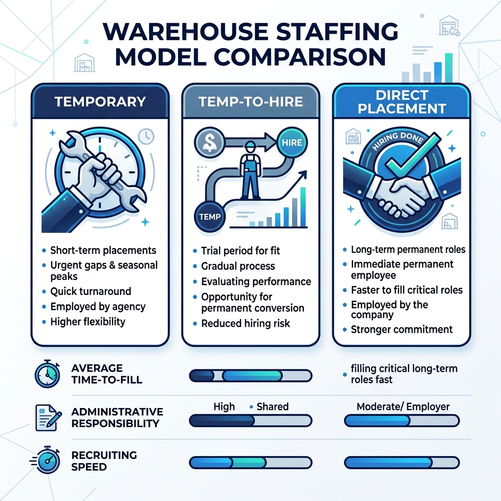 Comparison infographic of warehouse staffing models: temp, temp-to-hire, and direct placement with key metrics - direct