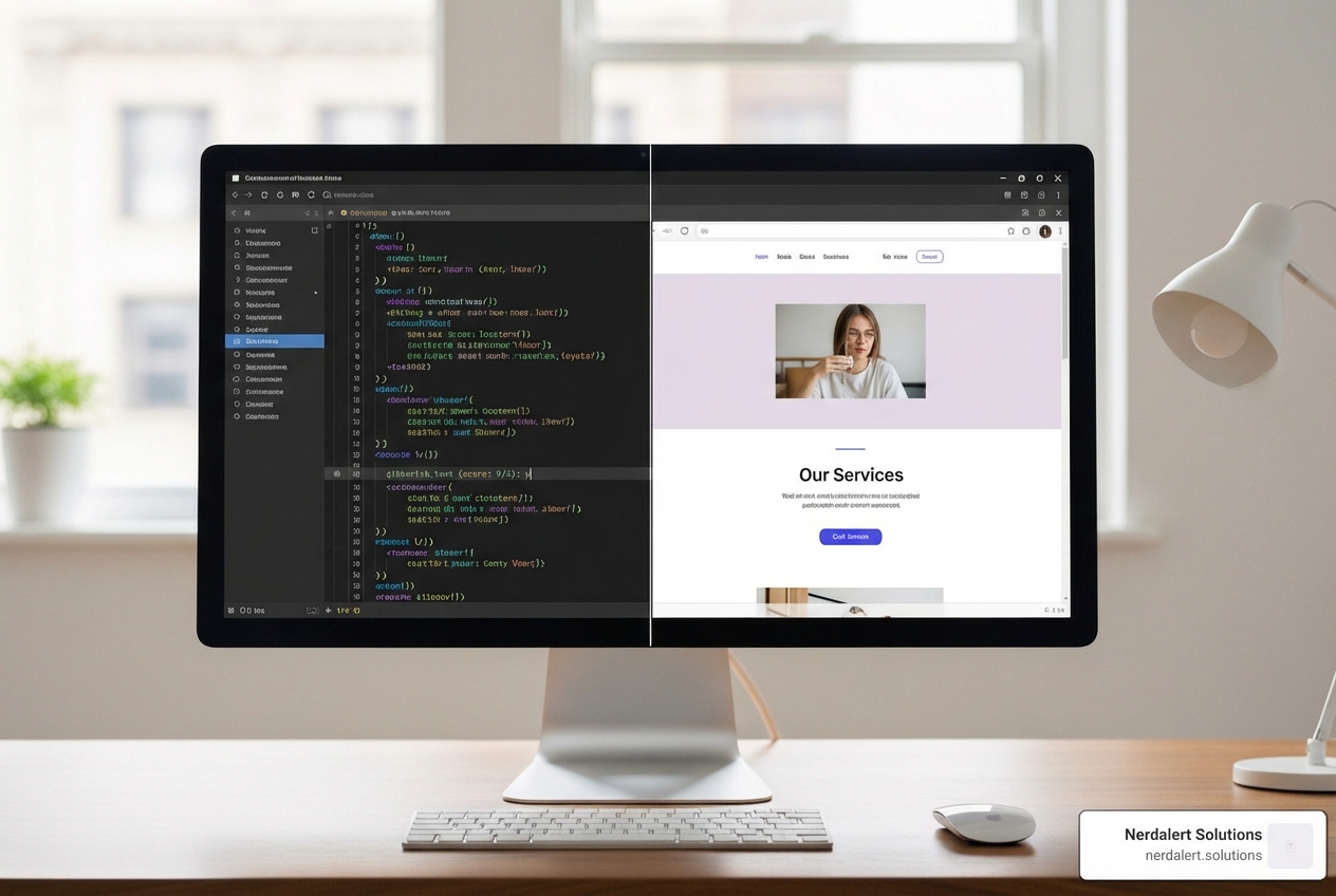 screen showing HTML and CSS code next to a visually designed webpage - Riverside web design classes