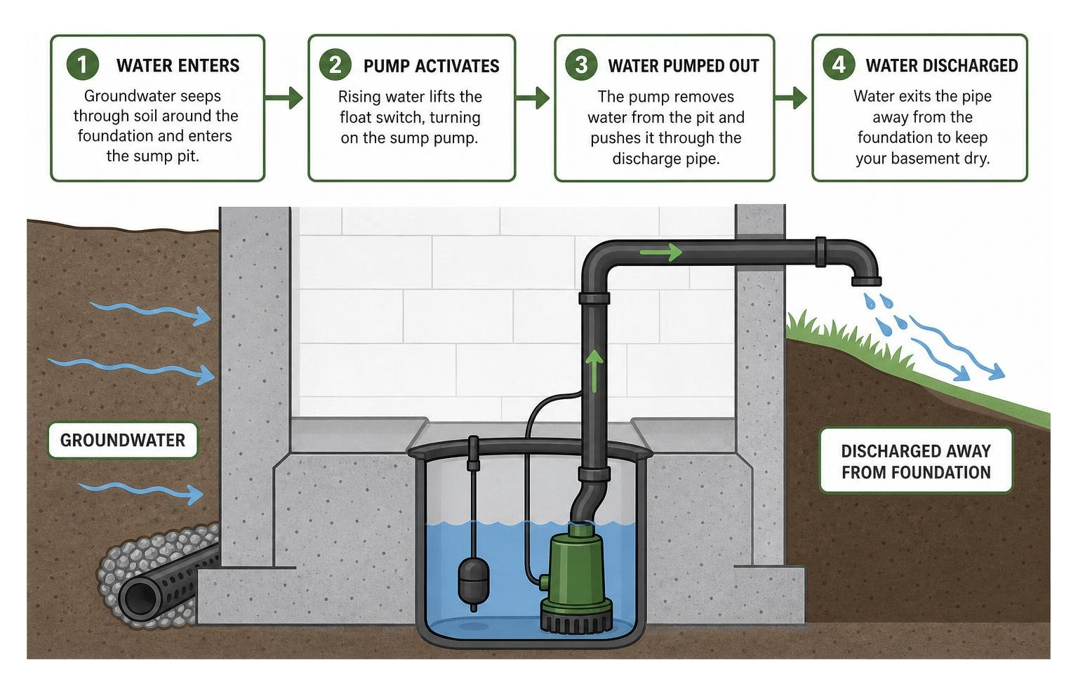 Sump pump water flow and drainage diagram