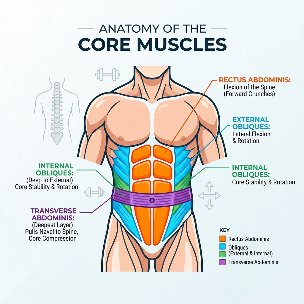 Anatomy of core muscles including rectus abdominis, obliques, and transverse abdominis - core workouts at home with Anatomy of core muscles including rectus abdominis, obliques, and transverse abdominis - core workouts at home with