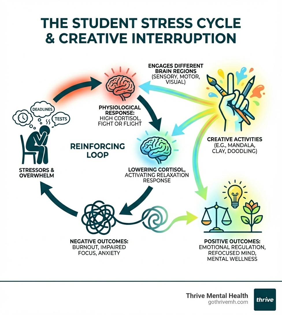infographic explaining the cycle of stress in students and how creative activities interrupt it by lowering cortisol and engaging different brain regions - mental health art activities students infographic