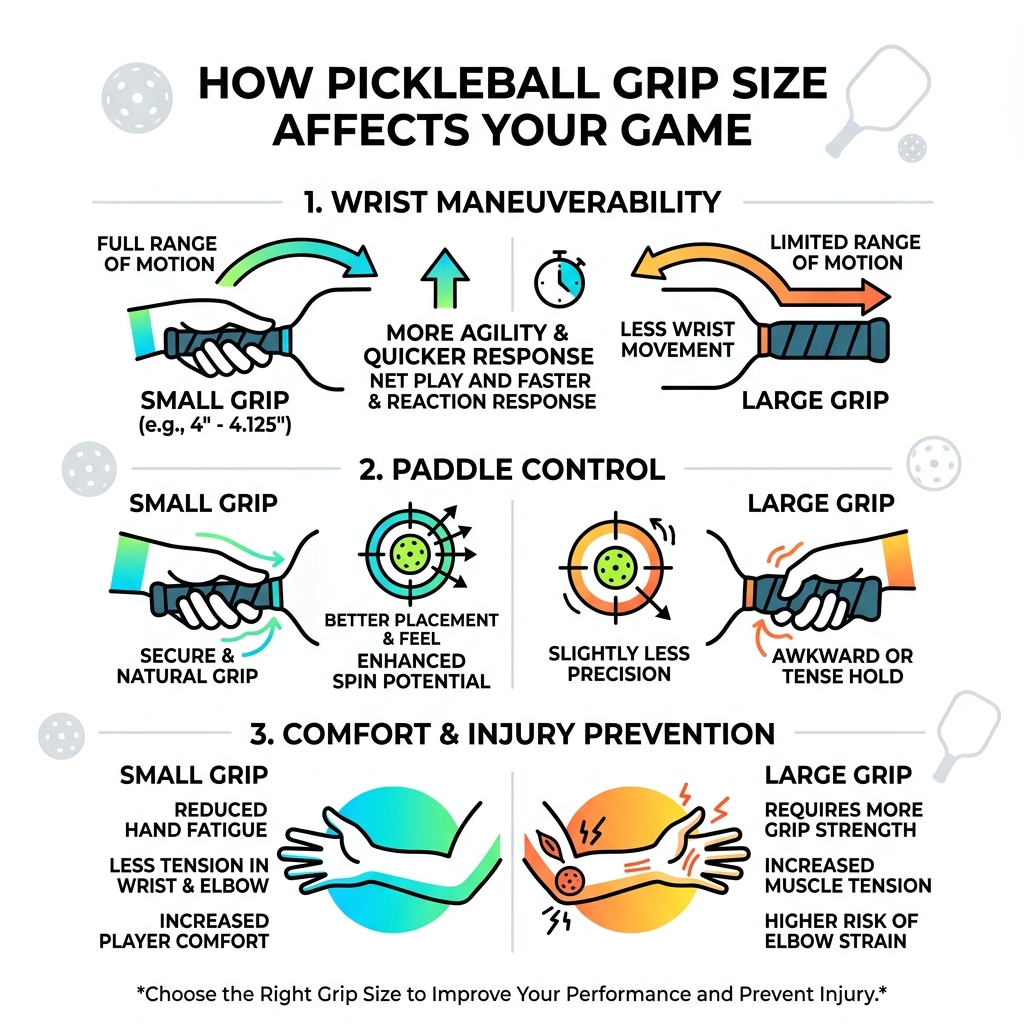 Infographic showing how grip size affects wrist maneuverability, control, and comfort in pickleball - pickleball paddles