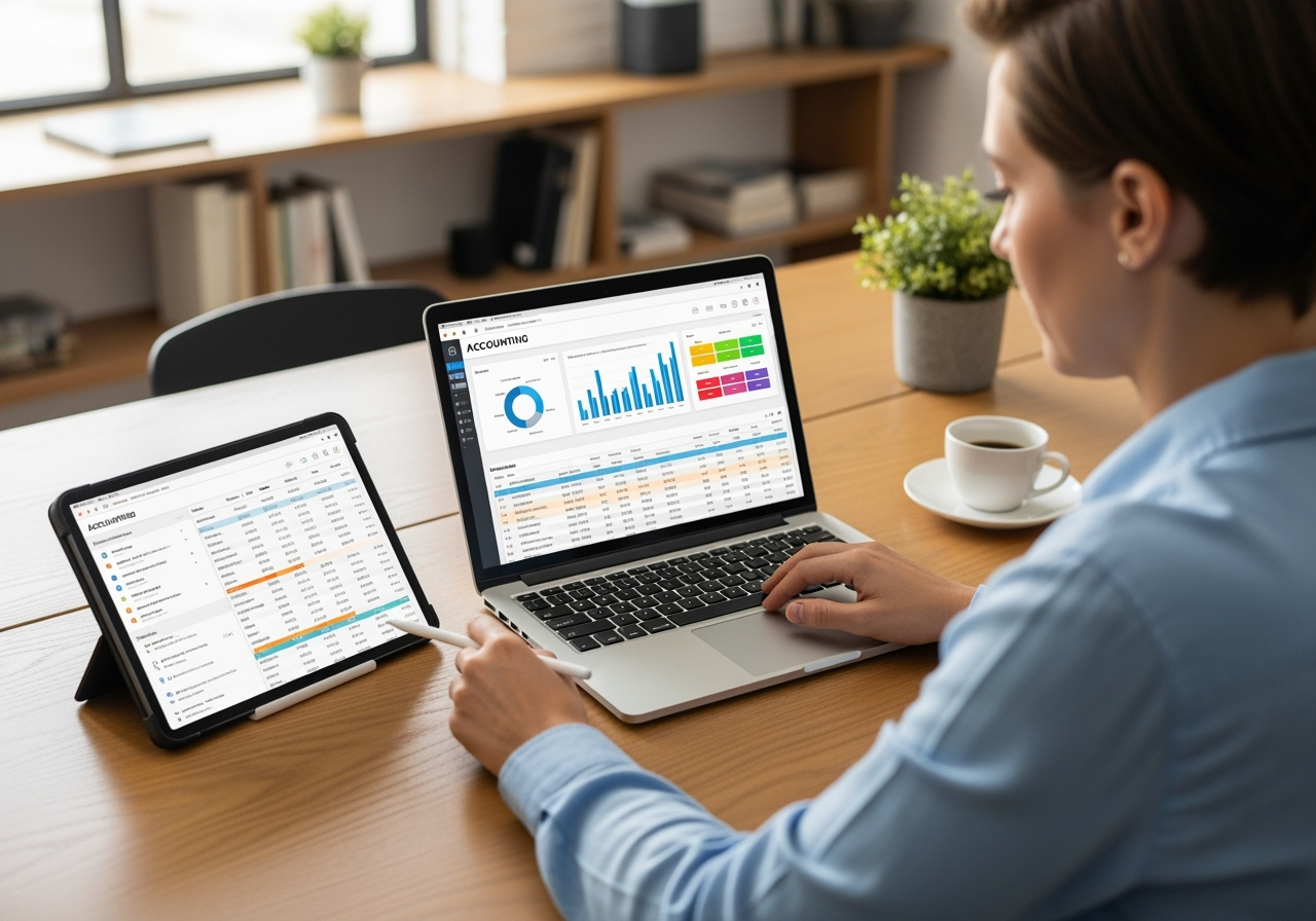 person using accounting software on a laptop and tablet - consultant tax compliance