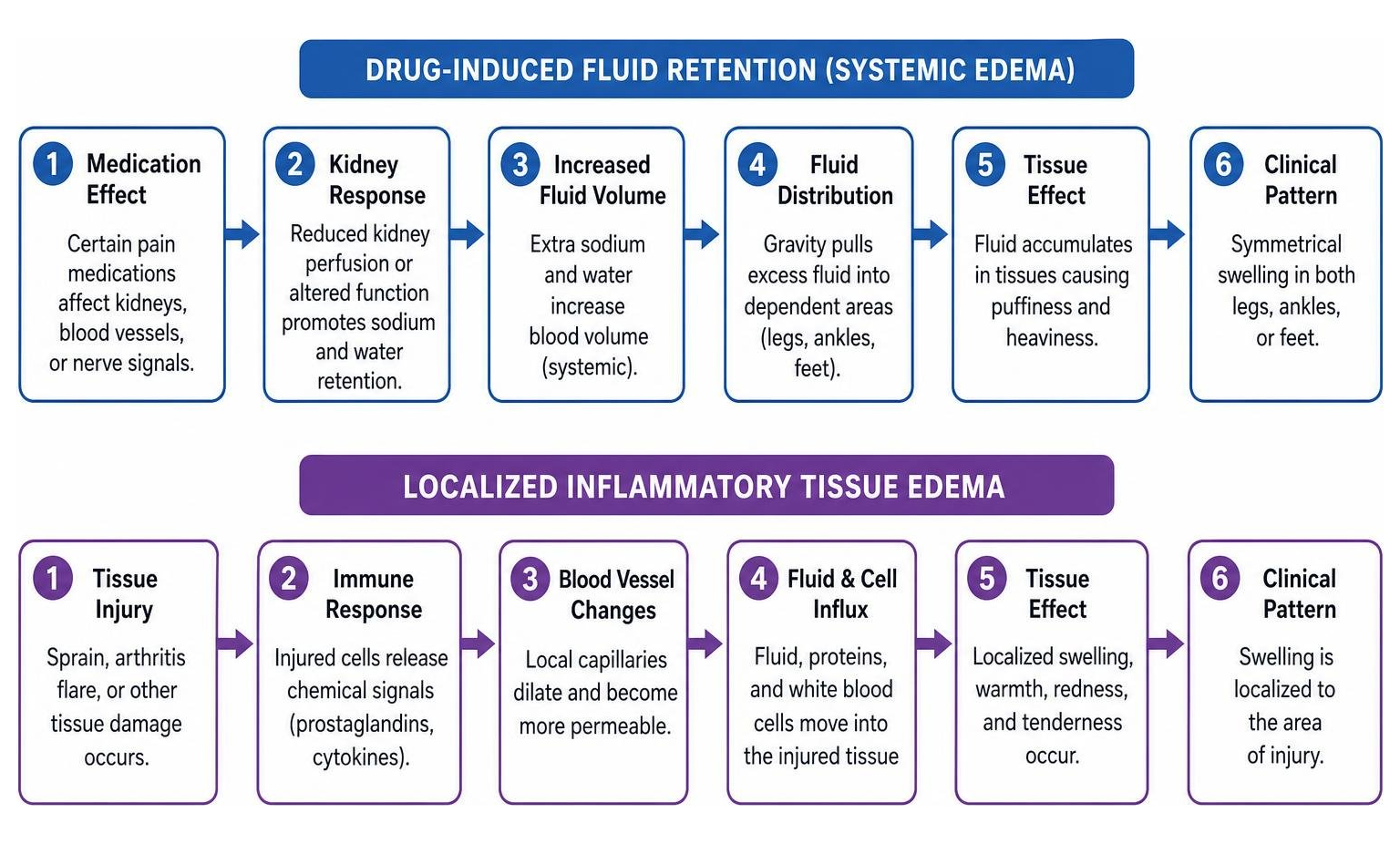 Cause and effect biological process of drug-induced fluid retention vs localized inflammatory tissue edema