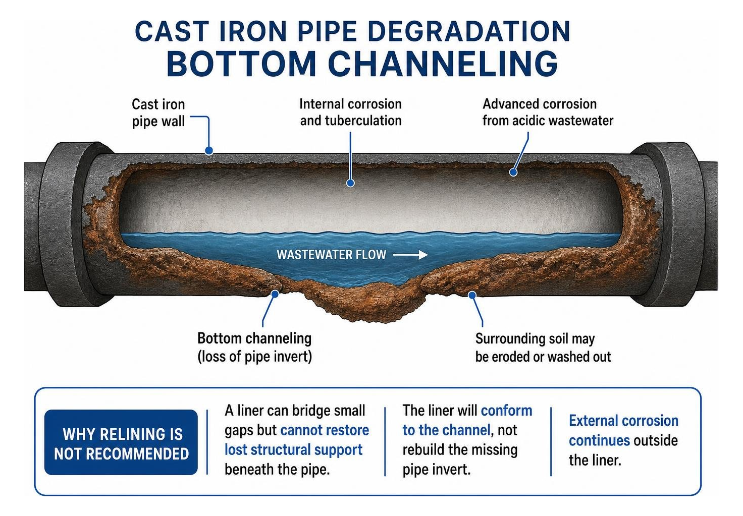 Cast iron pipe degradation cross section showing bottom channeling Cast iron pipe degradation cross section showing bottom channeling