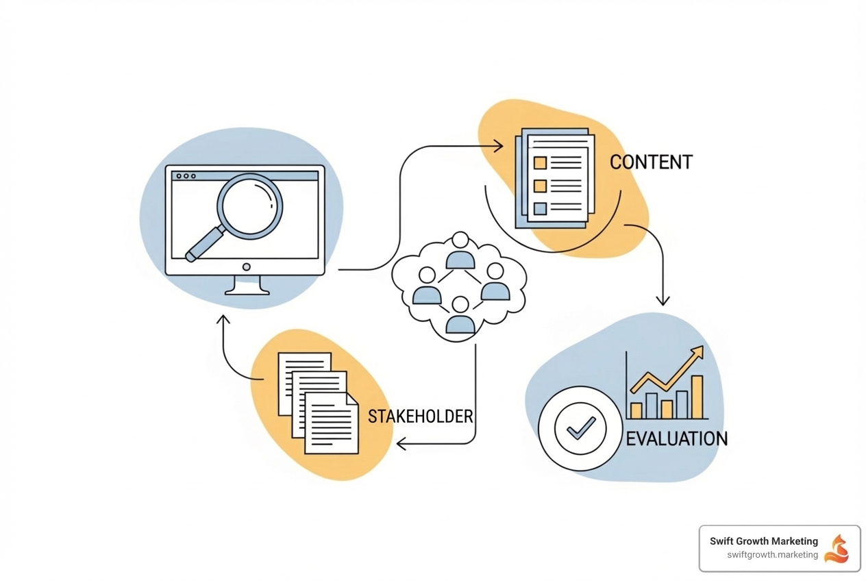 Infographic showing the modern B2B software buyer's journey with multiple touchpoints: Initial research phase on Google and review platforms, middle-stage content consumption including whitepapers and webinars, stakeholder consensus building with internal comparisons, final evaluation with security certification review, and post-purchase advocacy through case studies and reviews - b2b software marketing