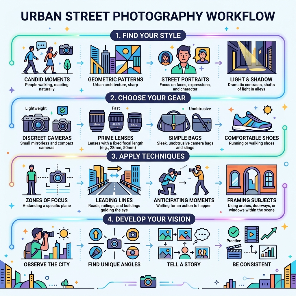 Urban street photography workflow: styles, techniques, gear, and vision development - urban street photography infographic 