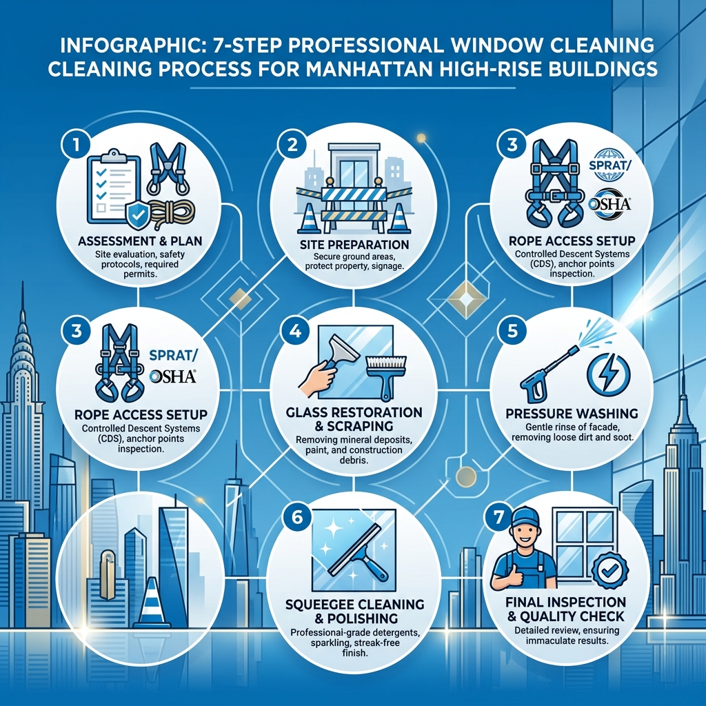 Infographic: 7-step professional window cleaning process for Manhattan high-rise buildings - Window cleaning services Infographic: 7-step professional window cleaning process for Manhattan high-rise buildings - Window cleaning services